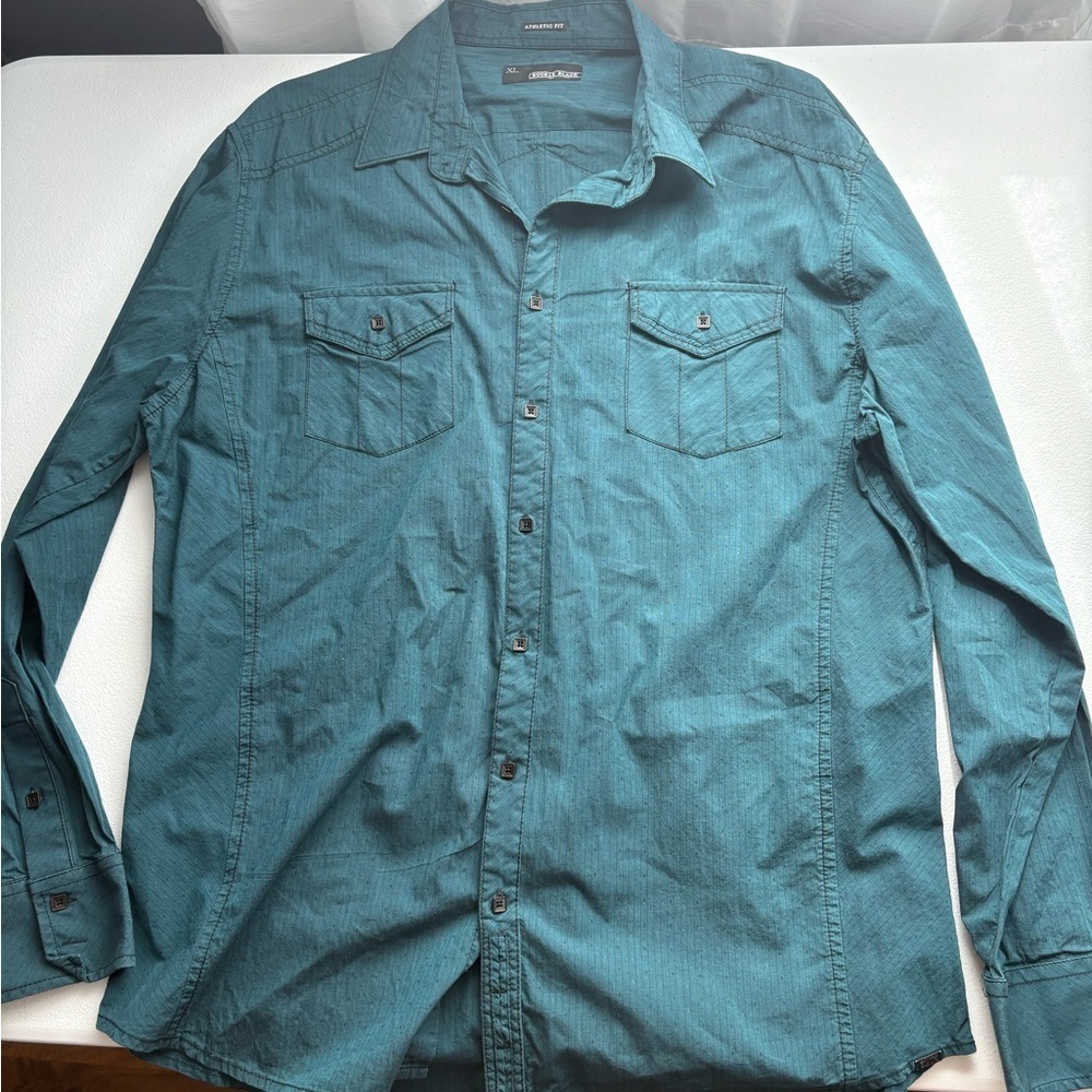 Buckle Black Mens XL Athletic Fit Teal Blue Dobby Stripe Button Down Shirt